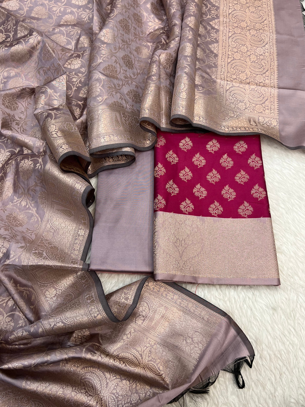 Banarasi silk zari jackard weaving multi contrast unstitched suits sets