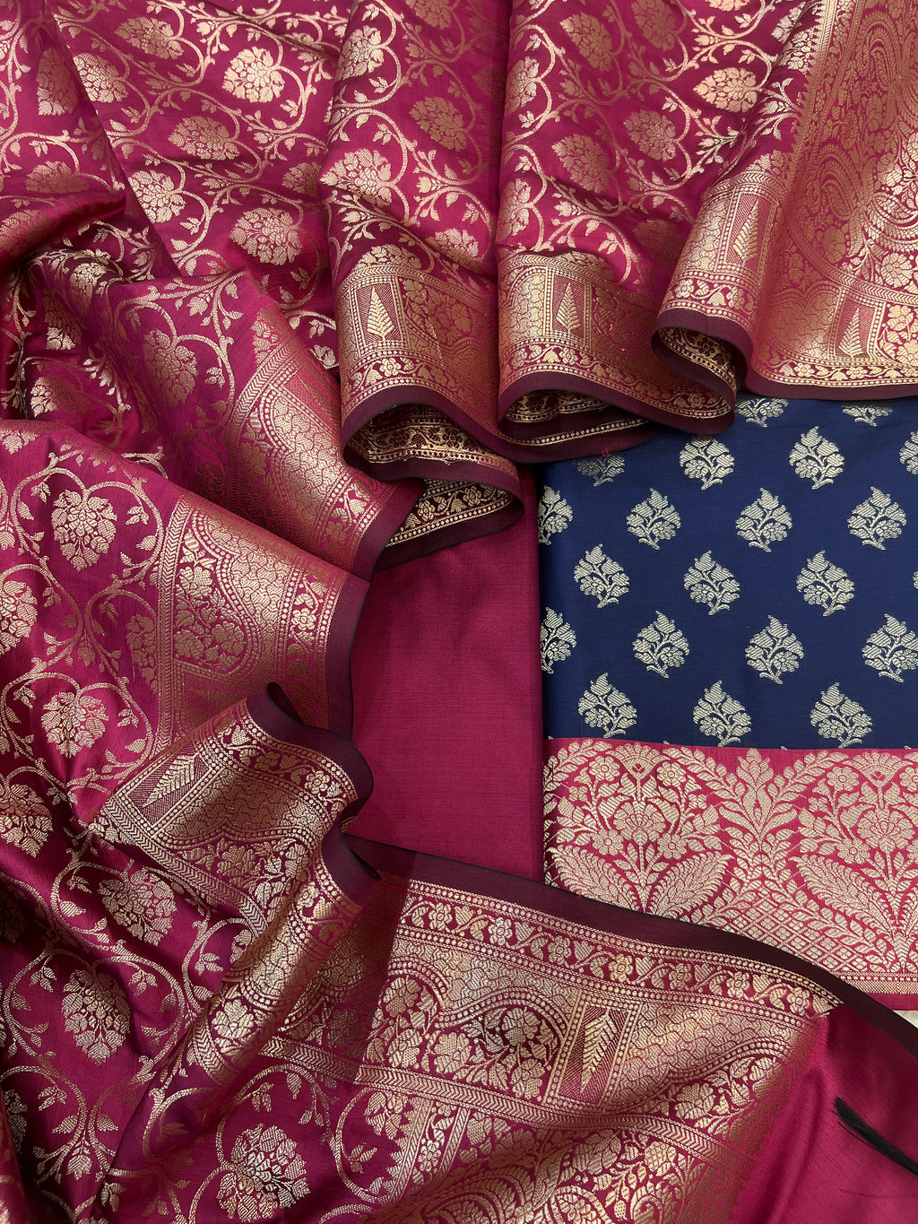 Banarasi silk zari jackard weaving multi contrast unstitched suits sets
