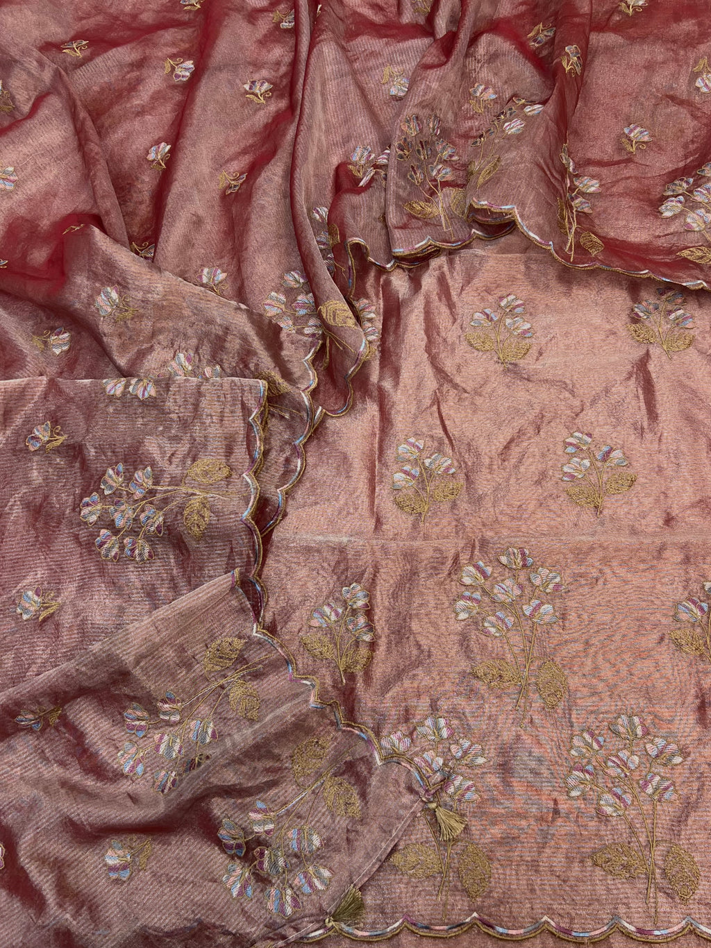 Pure tissue stripe zari weaved with embroidery work unstiched suits sets