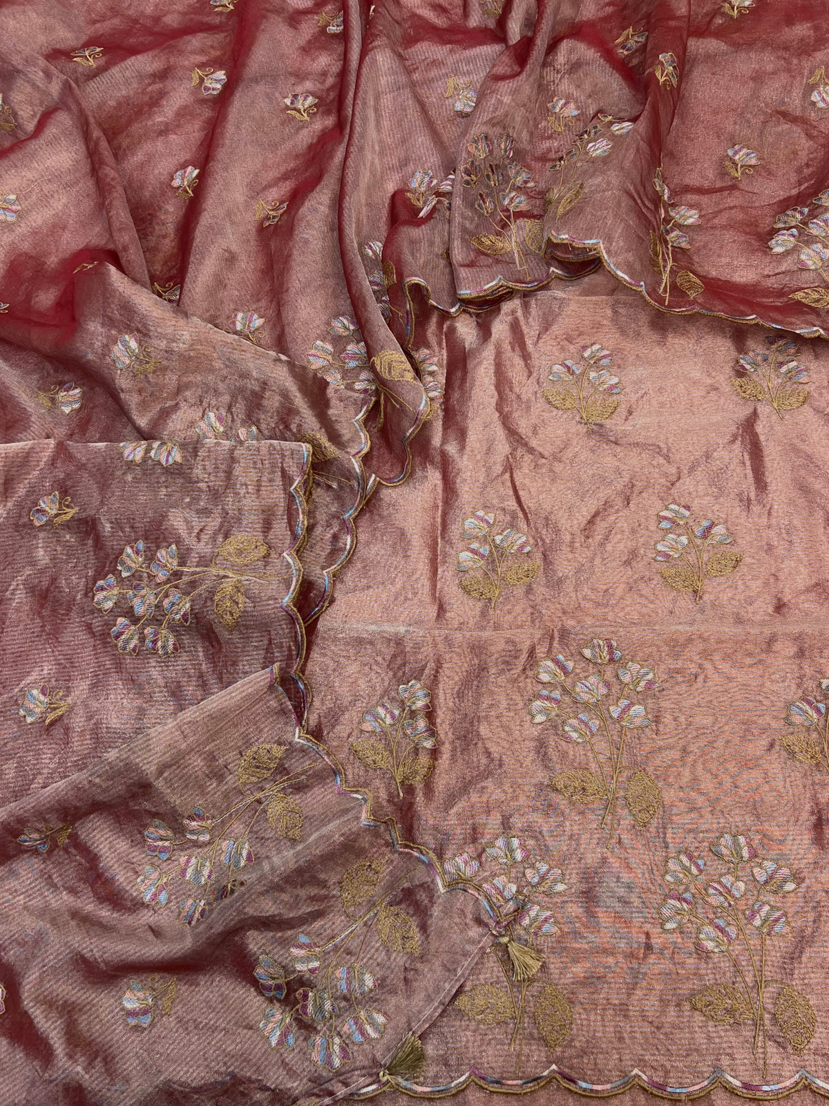 Pure tissue stripe zari weaved with embroidery work unstiched suits sets