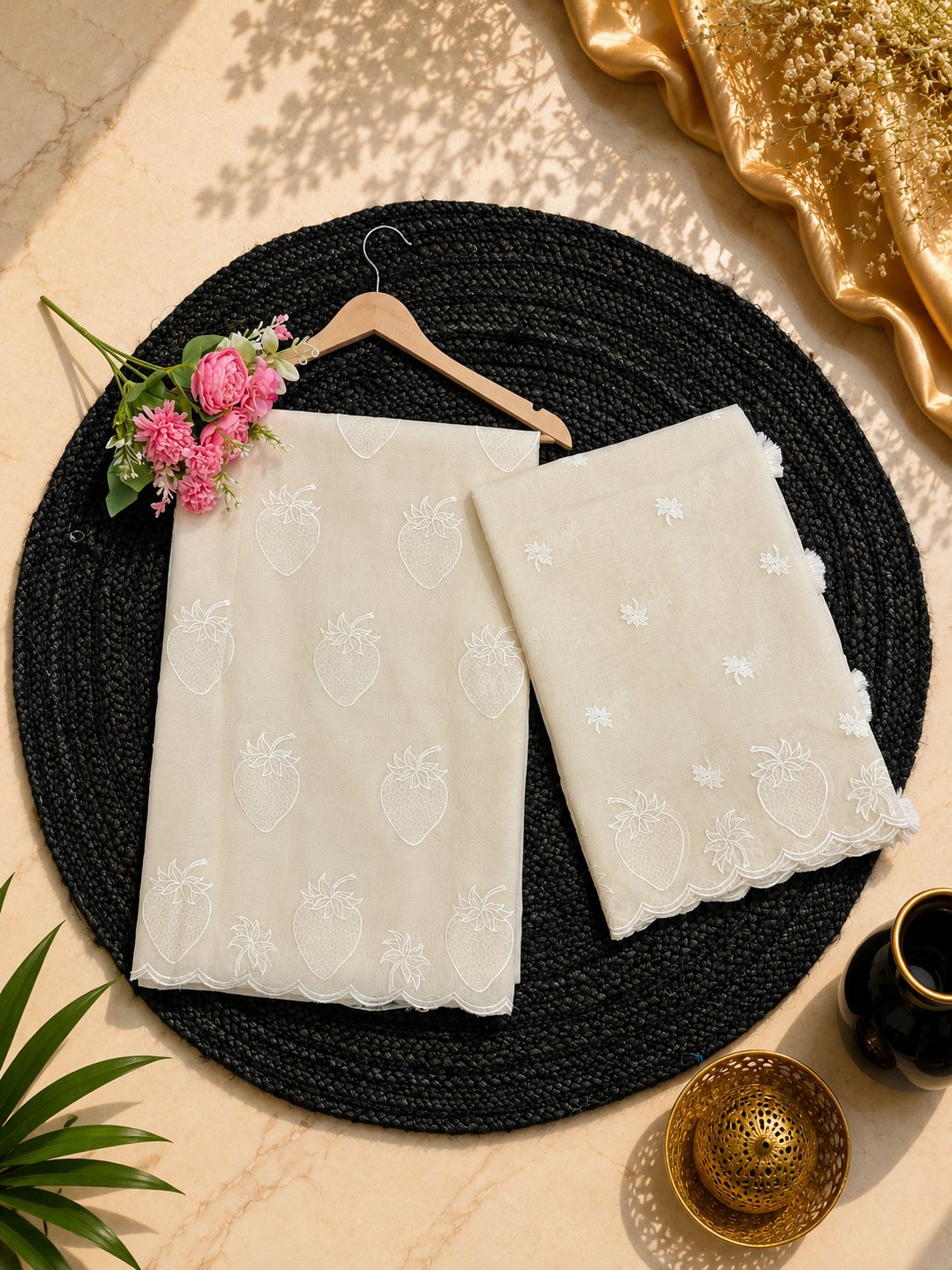 Pure mal Chanderi cotton Applique dyeable fruits inspired unstitched suit sets