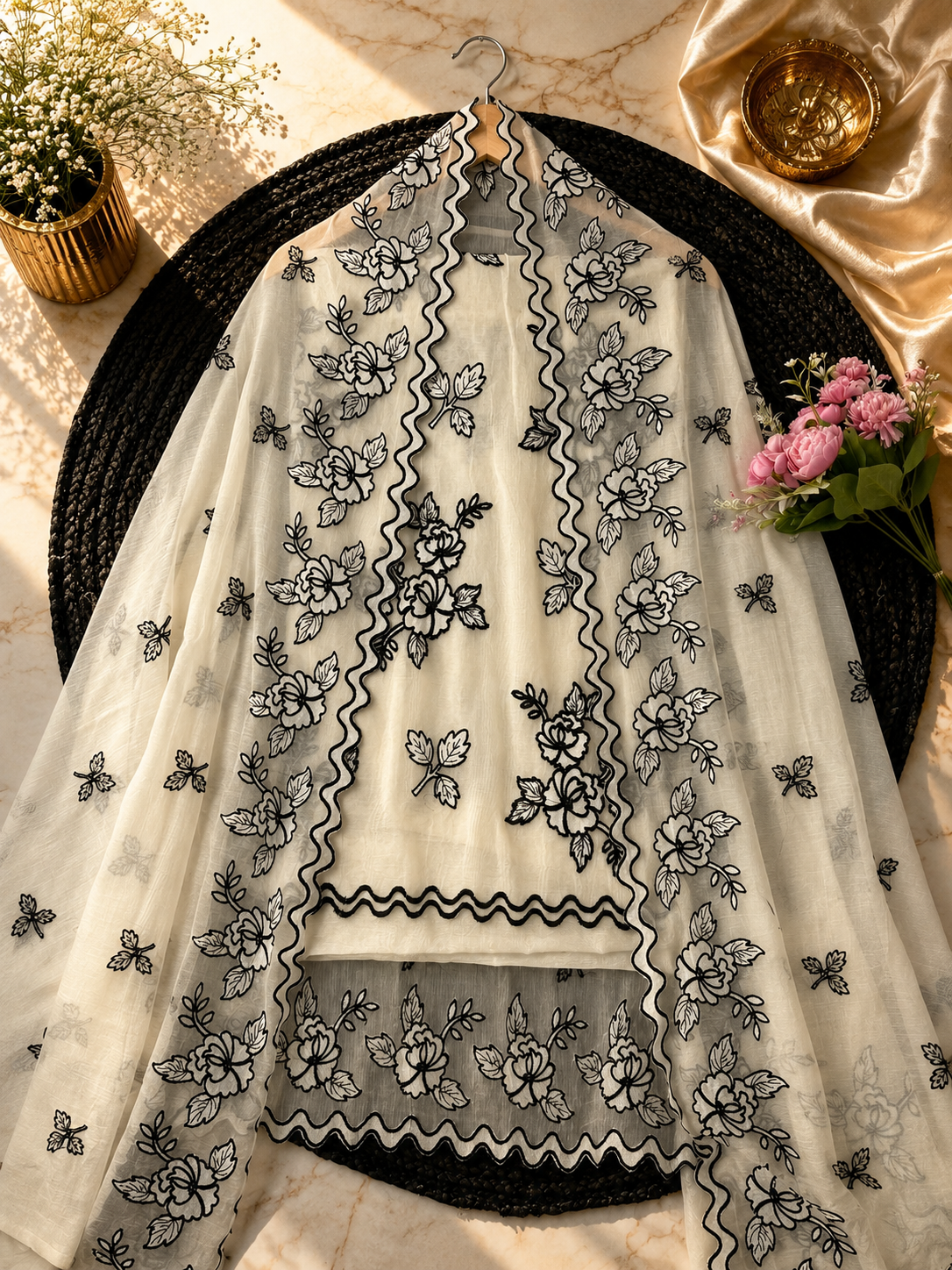 Pure mal Chanderi black thread embroidery with cotton Applique cutwork unstitched suits sets