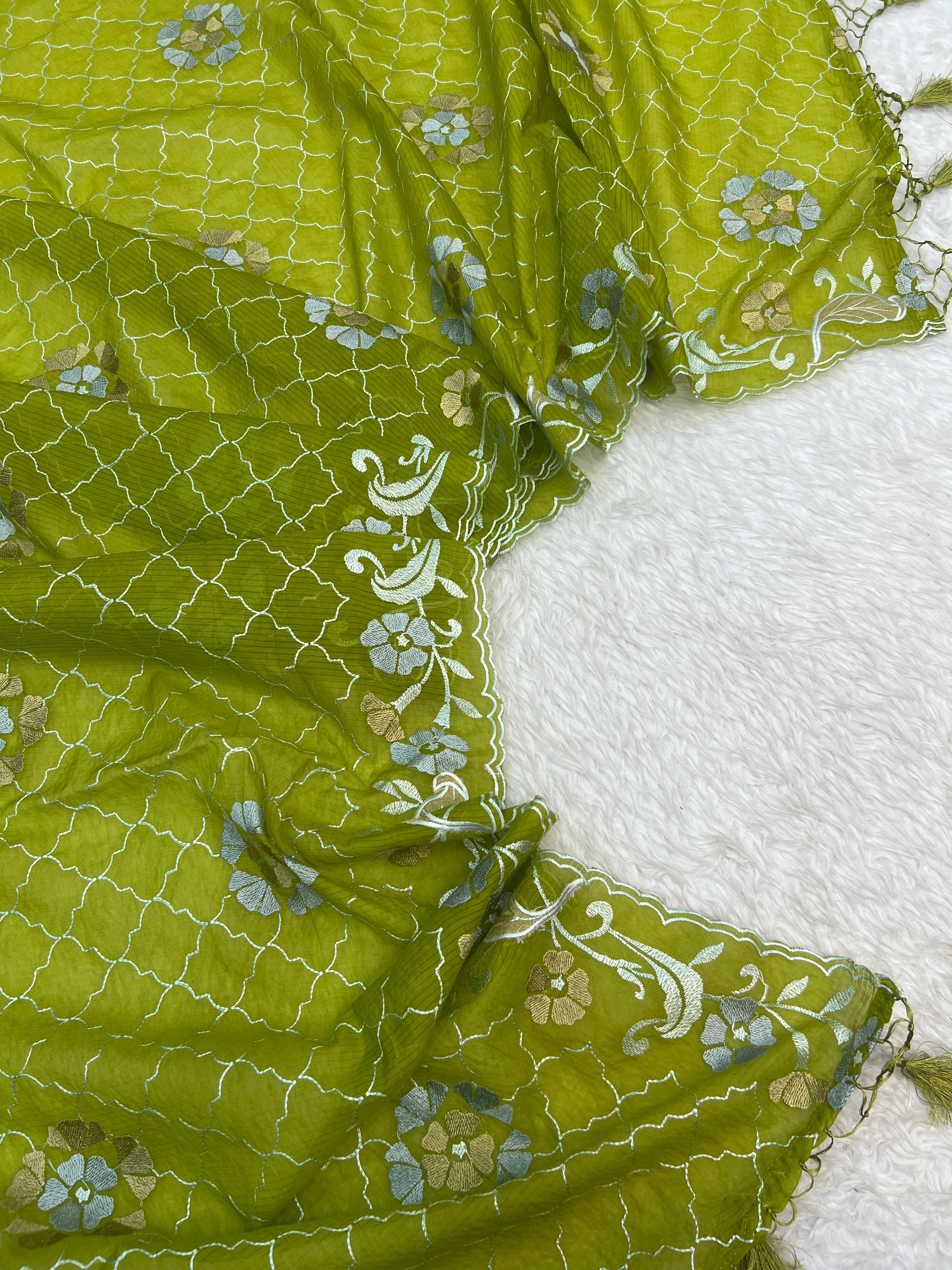 Pure mal Chanderi self stripe weaved Embroidered Applique tissue unstiched suits sets