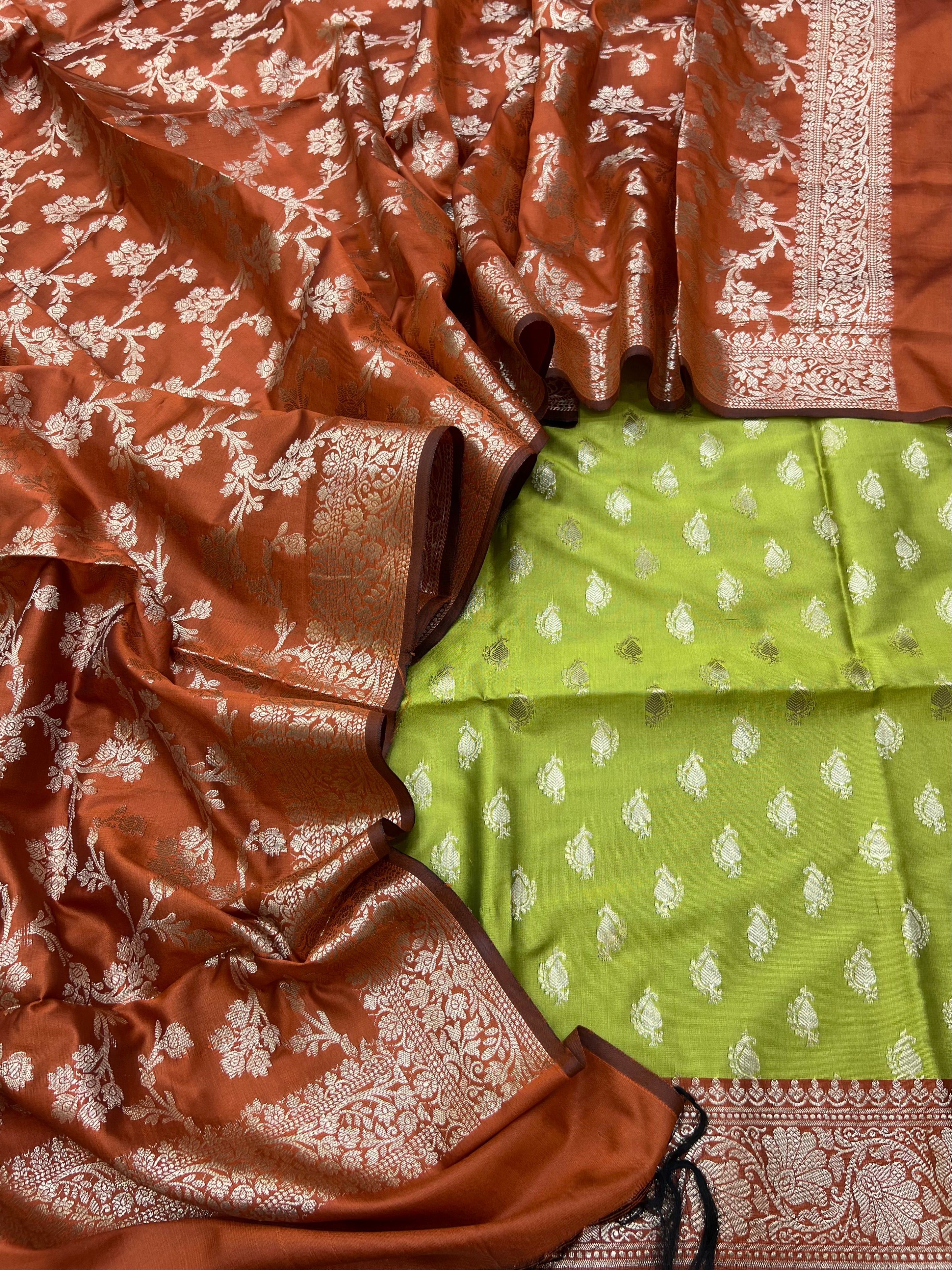 Banarasi silk zari jackard weaving contrast unstitched suits sets