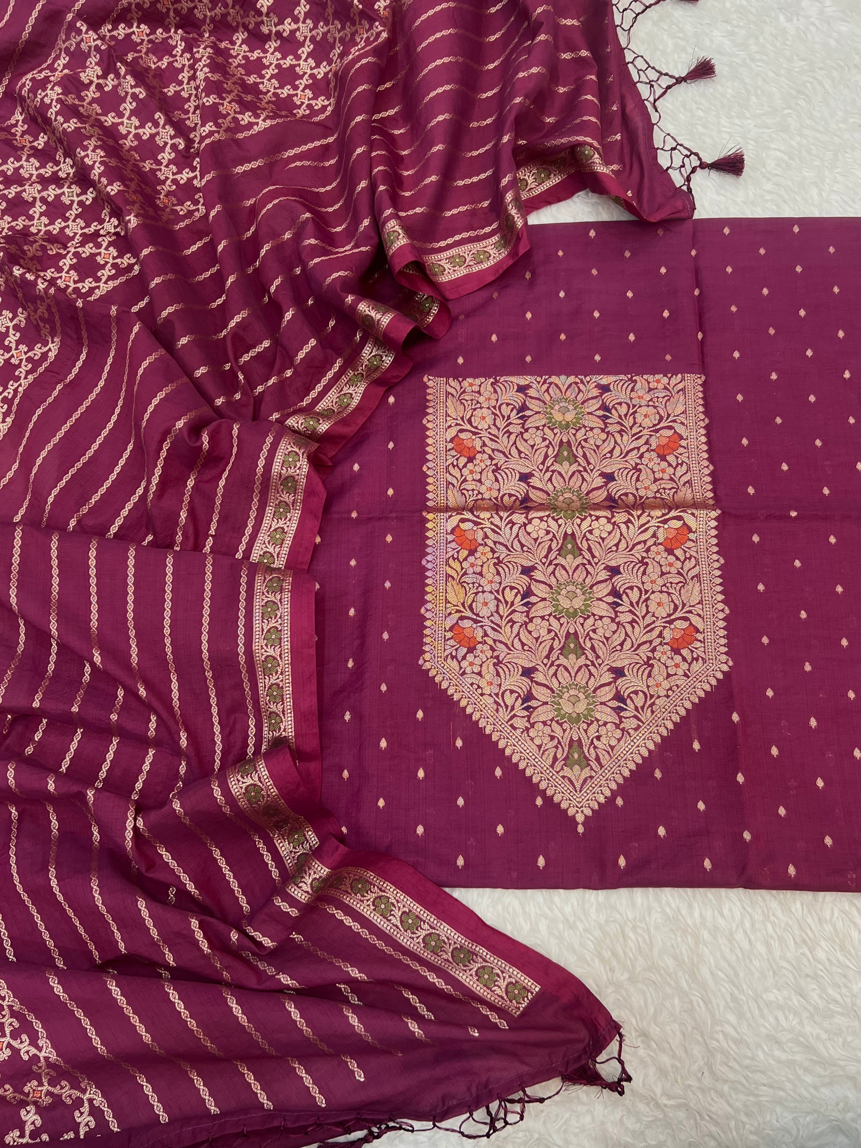 Pure mal Chanderi zari minakari weaved neck work design unstiched suits sets