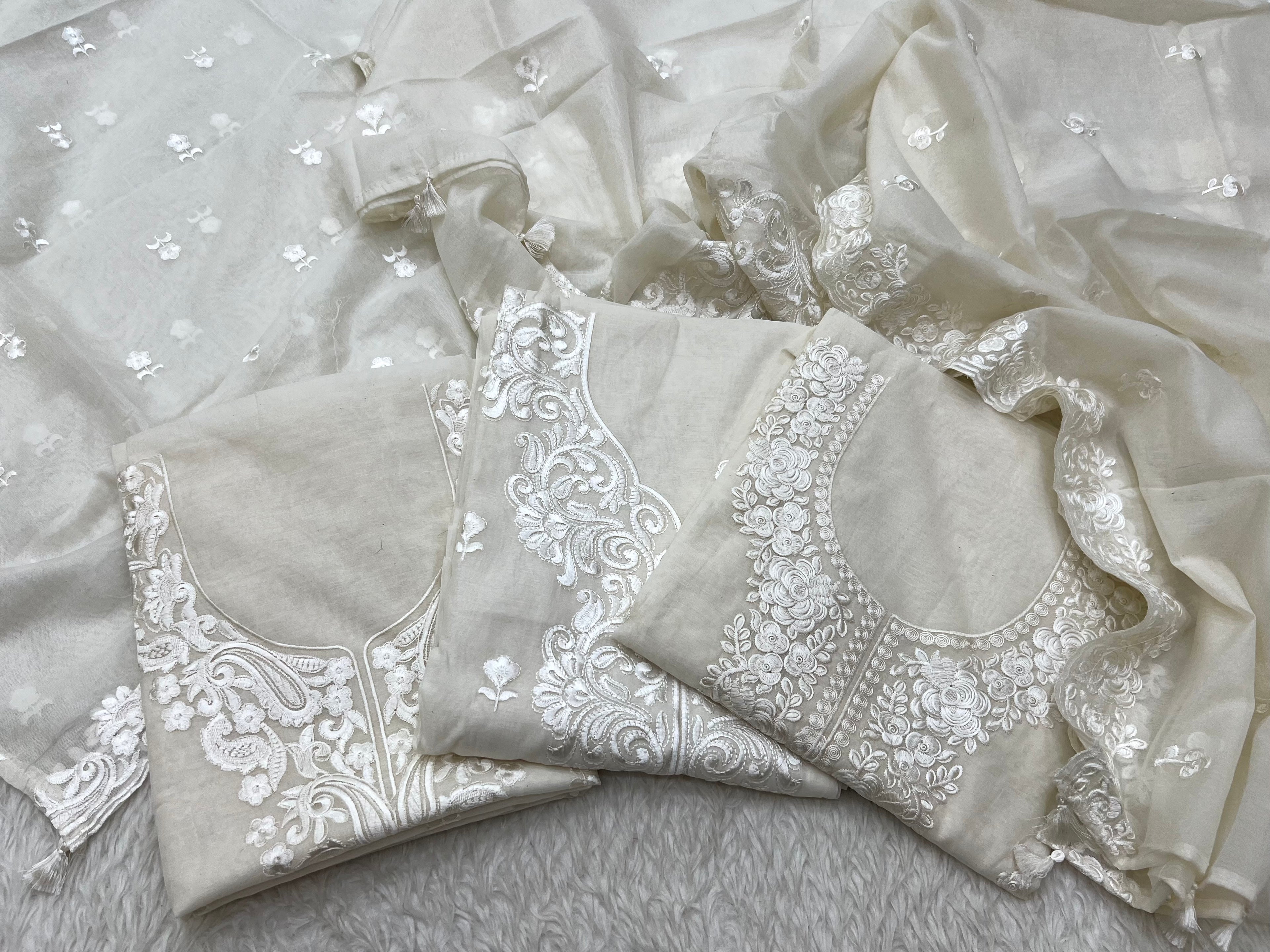 Pure mal Chanderi off white dyeable chikankari Embroidery neck design suits