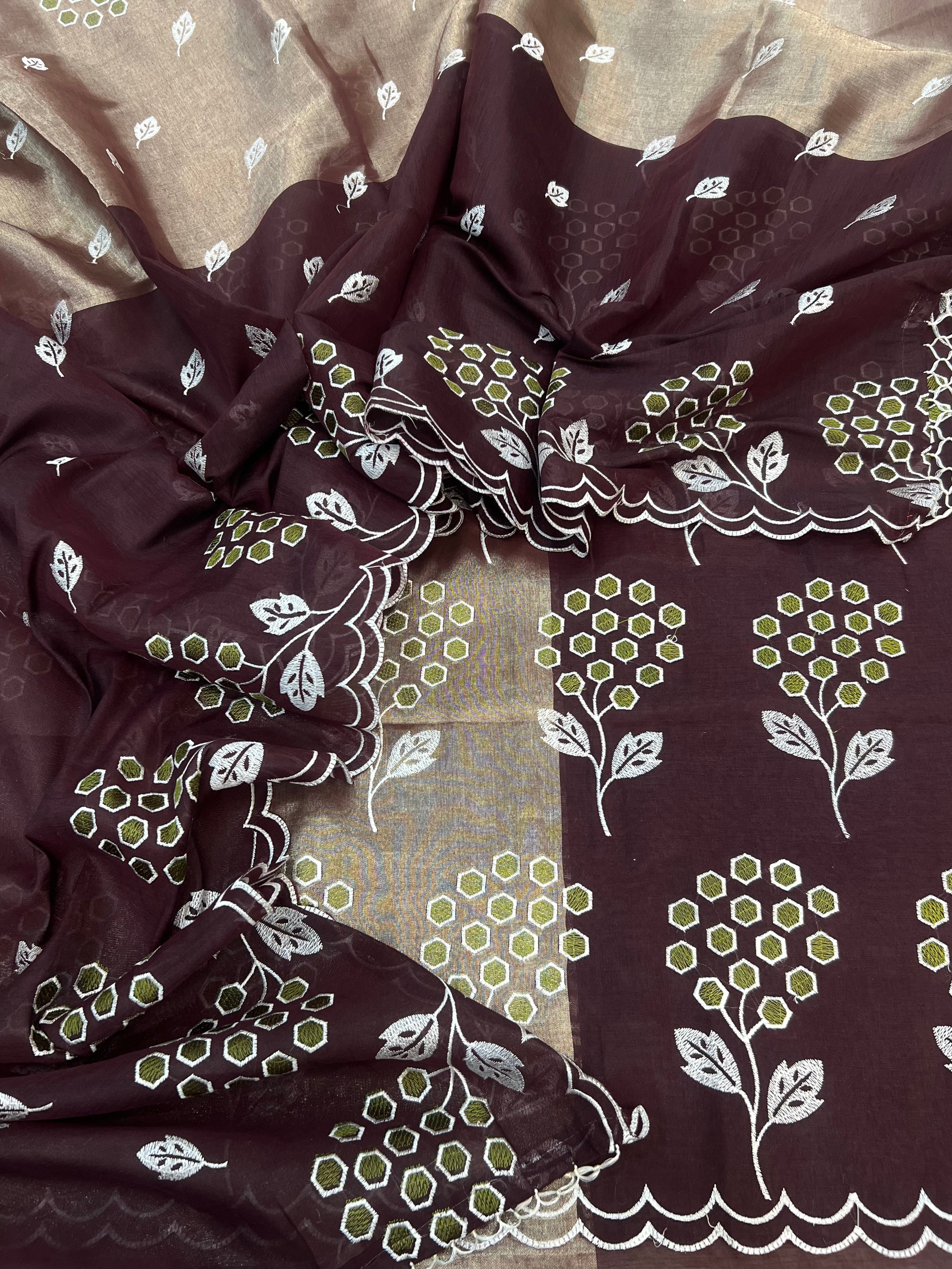 Pure tissue 2D dual shade half tissue half cotton based embroidered unstiched suits sets