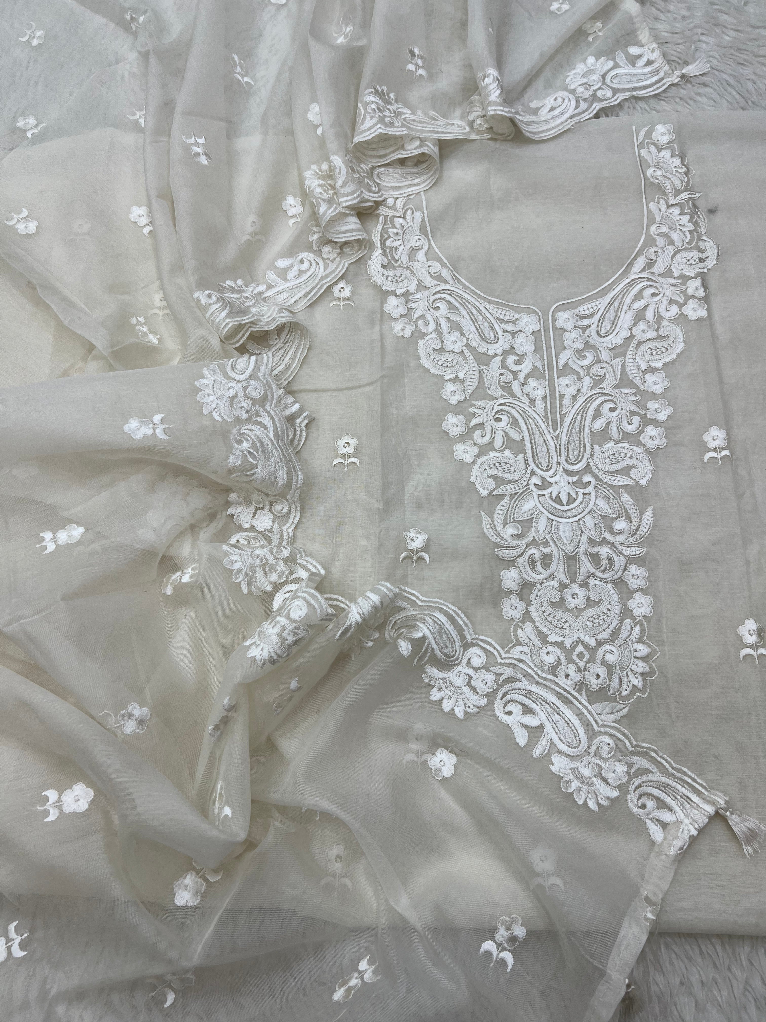Pure mal Chanderi off white dyeable chikankari Embroidery neck design suits