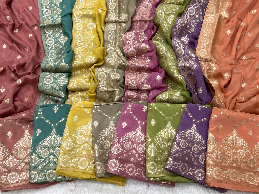 Pure crape antique almond zari weaved unstitched suits collections