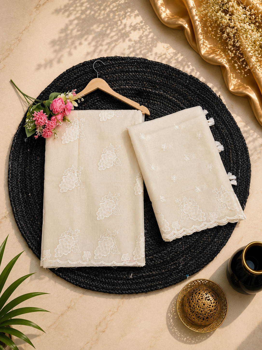 Pure mal Chanderi cotton Applique dyeable fruits inspired unstitched suit sets