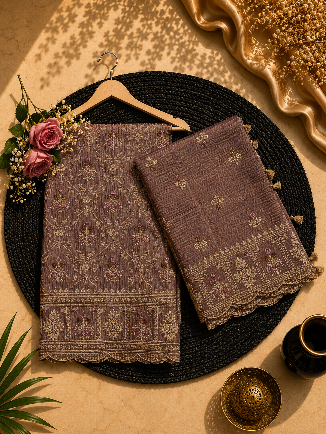 Pure crush tissue heavy embroidered unstitched suits sets