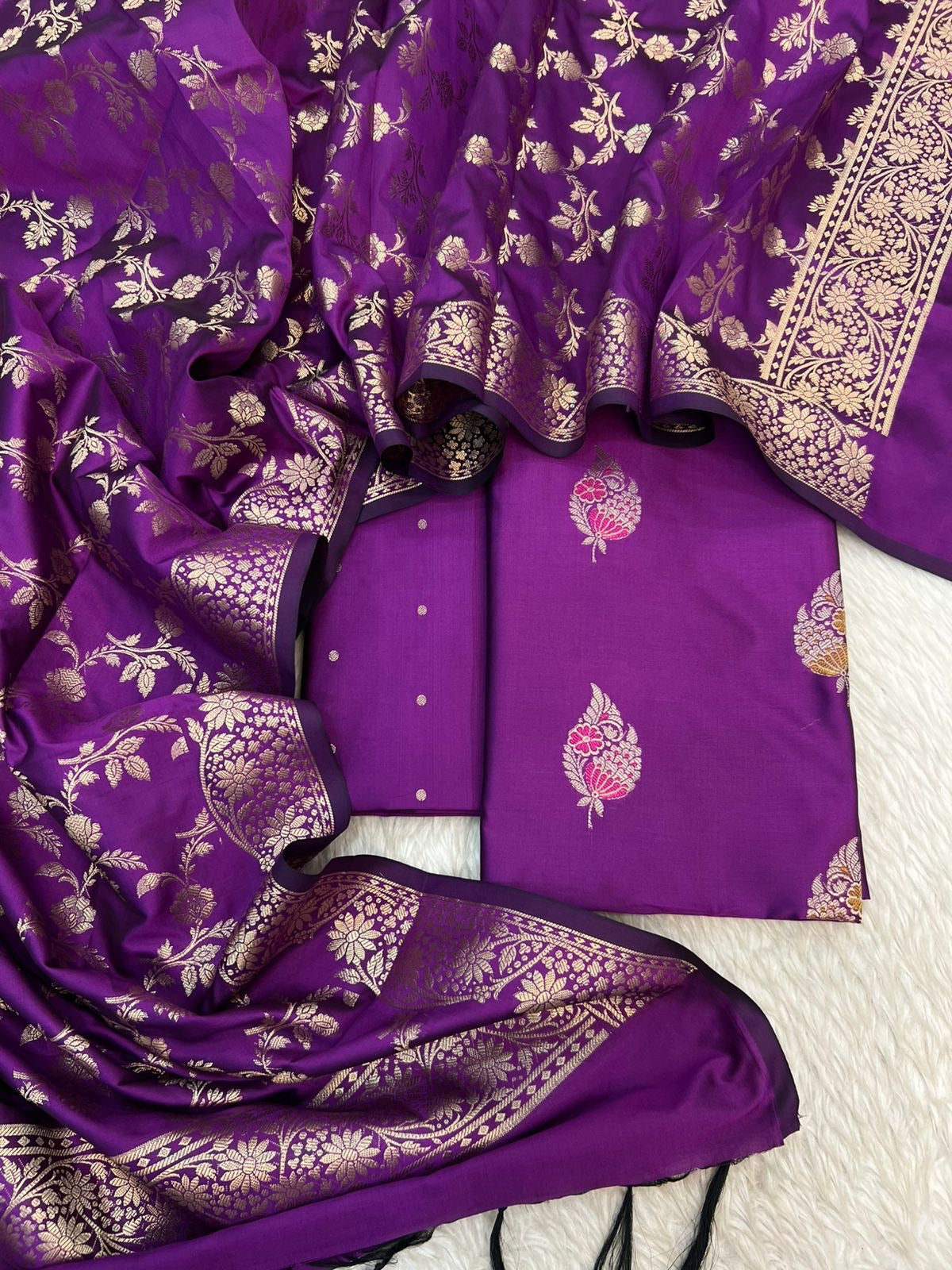 Banarasi silk zari jackard Mina alfi boota unstitched suits collections