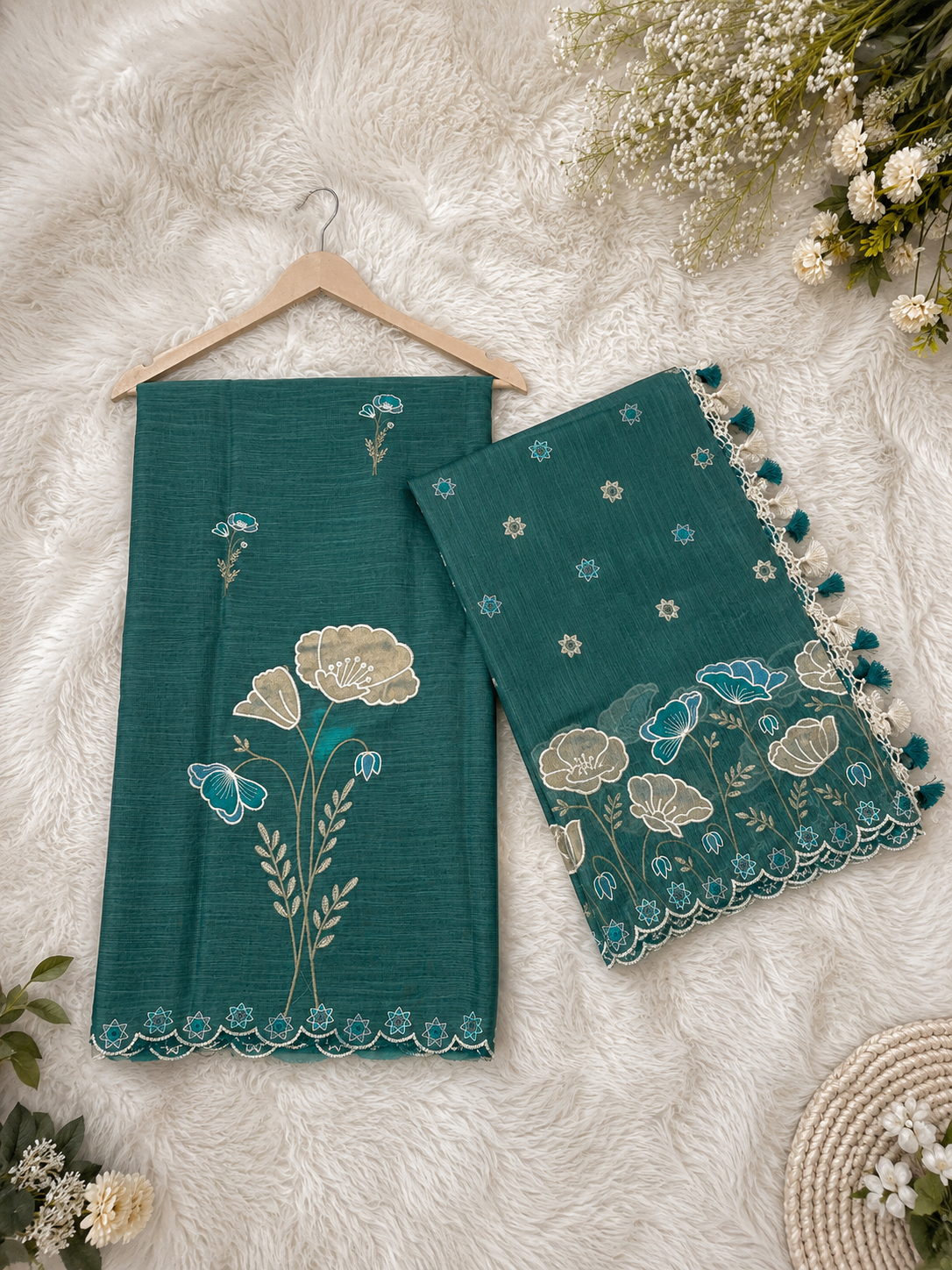 Linen multi thread embroidered tissue Applique kalga design unstiched suits