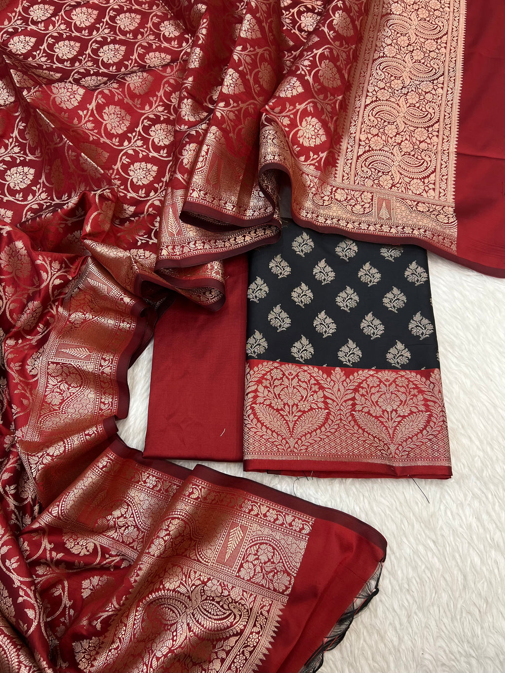 Banarasi silk zari jackard weaving multi contrast unstitched suits sets