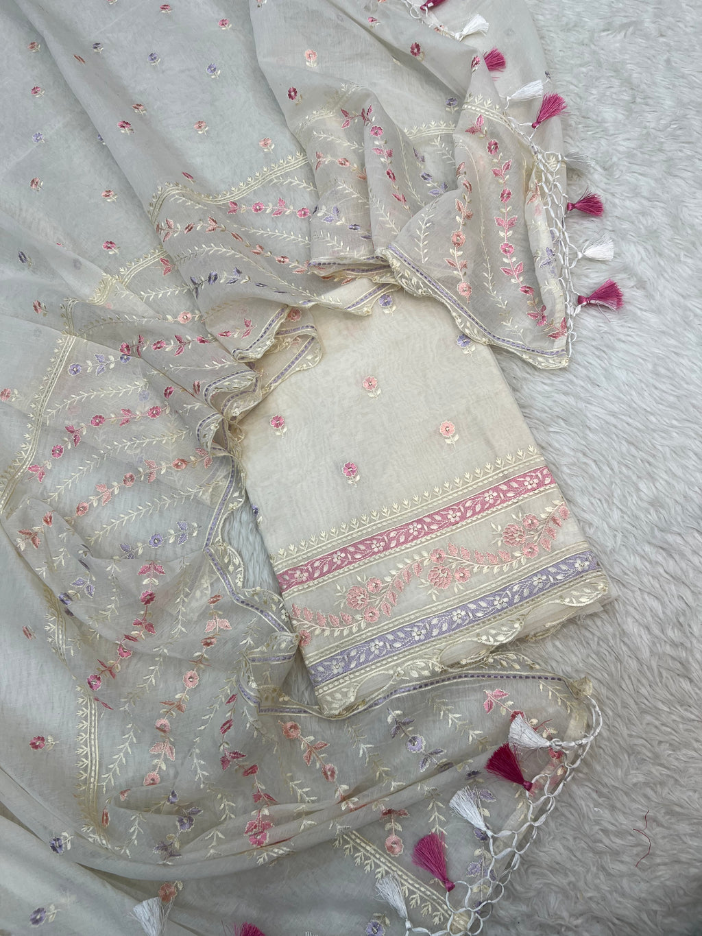 Pure mal Chanderi interlocking arched rangkat multi embroidered unstitched suit sets