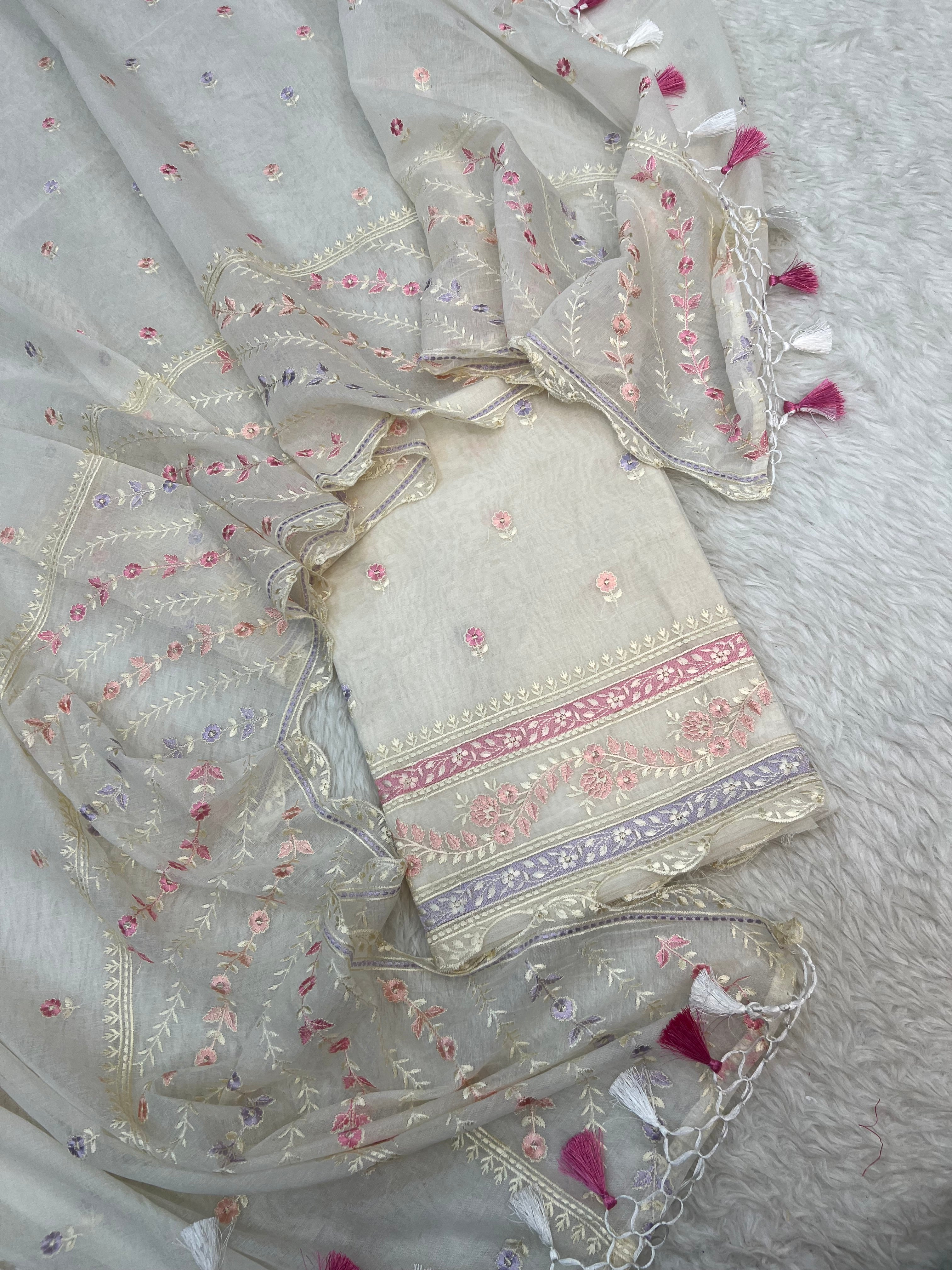 Pure mal Chanderi interlocking arched rangkat multi embroidered unstitched suit sets