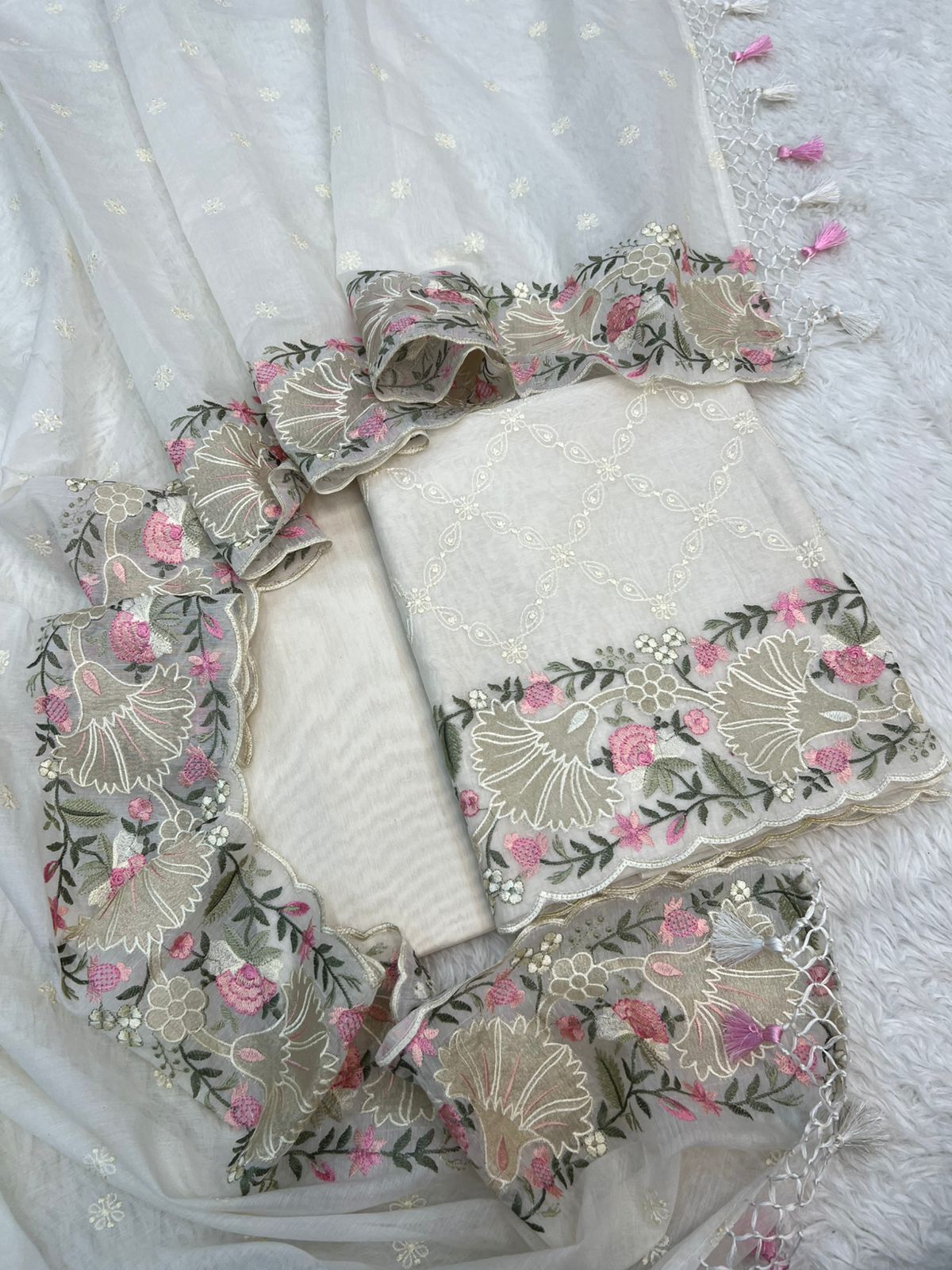 Pure Mal Chanderi Floral Tissue Applique Embroidery Suits
