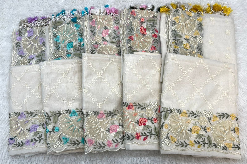 Pure Mal Chanderi Floral Tissue Applique Embroidery Suits