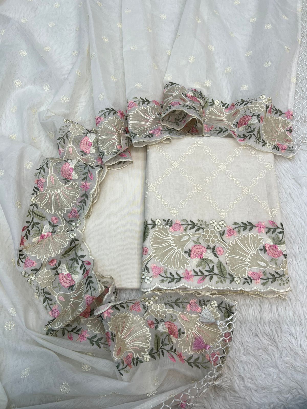 Pure Mal Chanderi Floral Tissue Applique Embroidery Suits