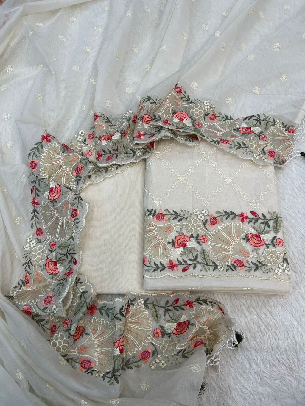 Pure Mal Chanderi Floral Tissue Applique Embroidery Suits