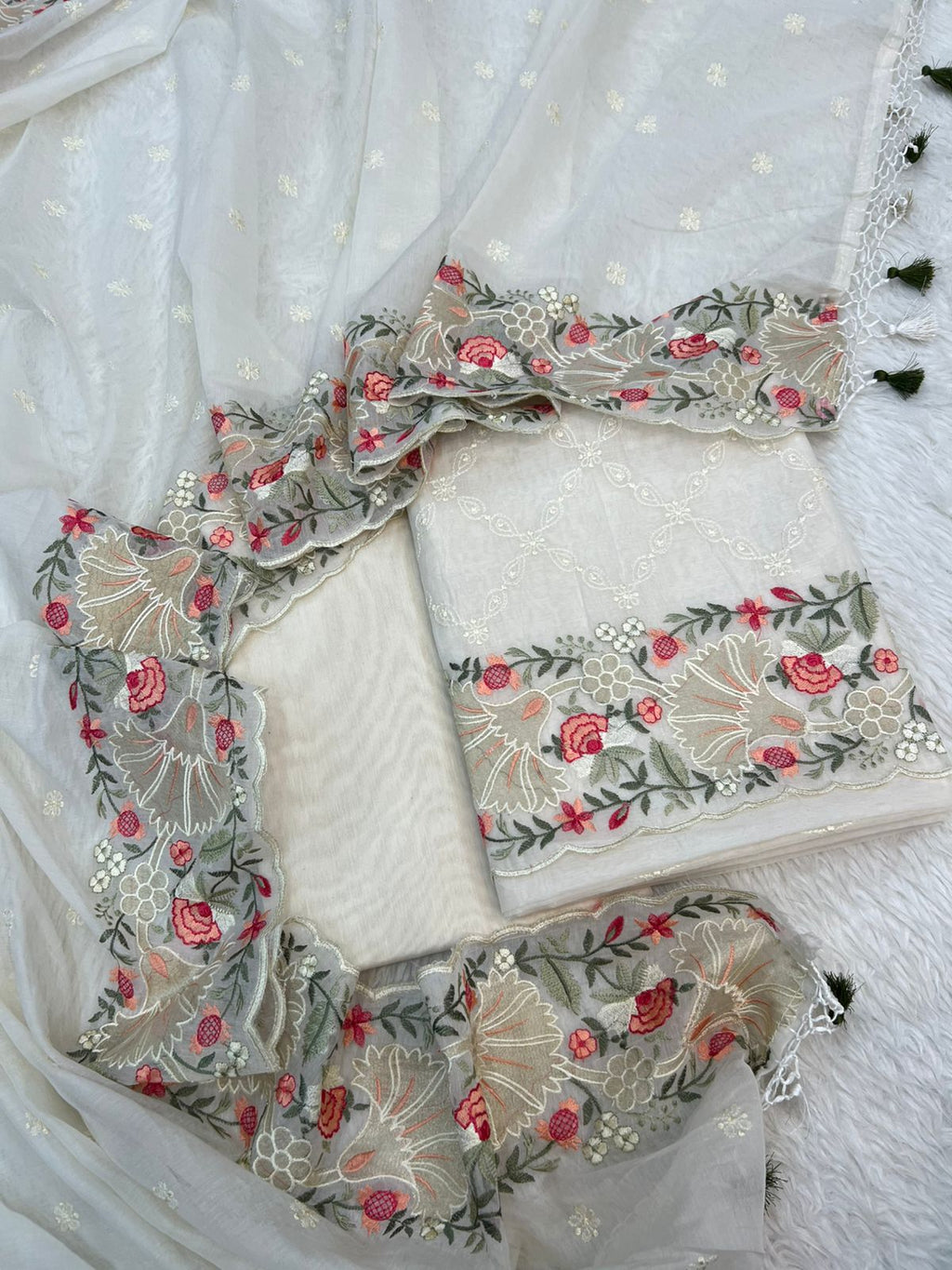 Pure Mal Chanderi Floral Tissue Applique Embroidery Suits