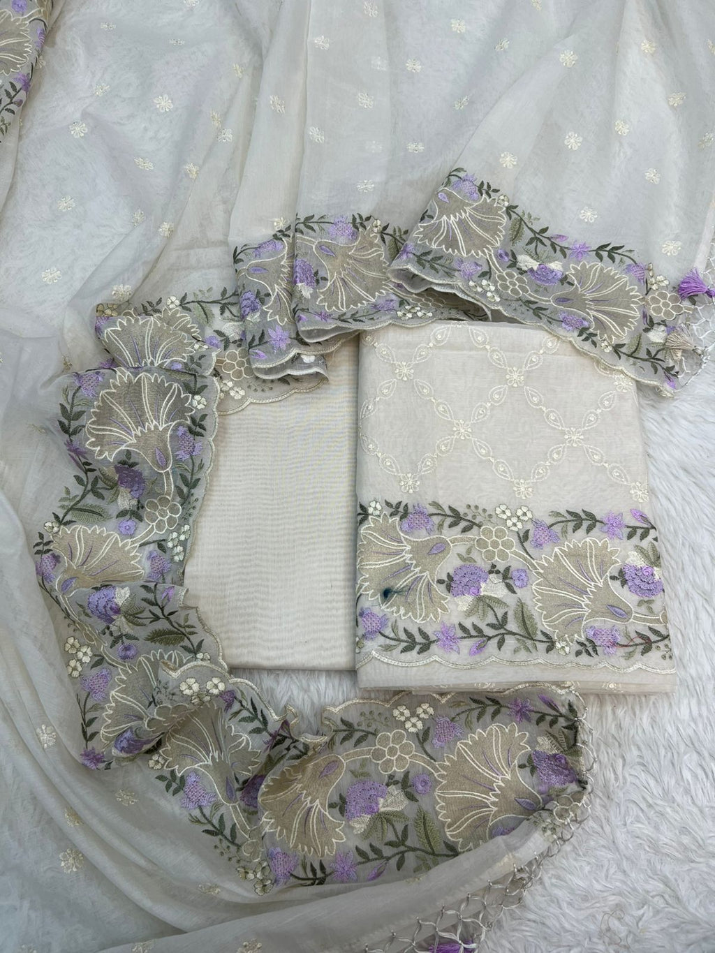 Pure Mal Chanderi Floral Tissue Applique Embroidery Suits