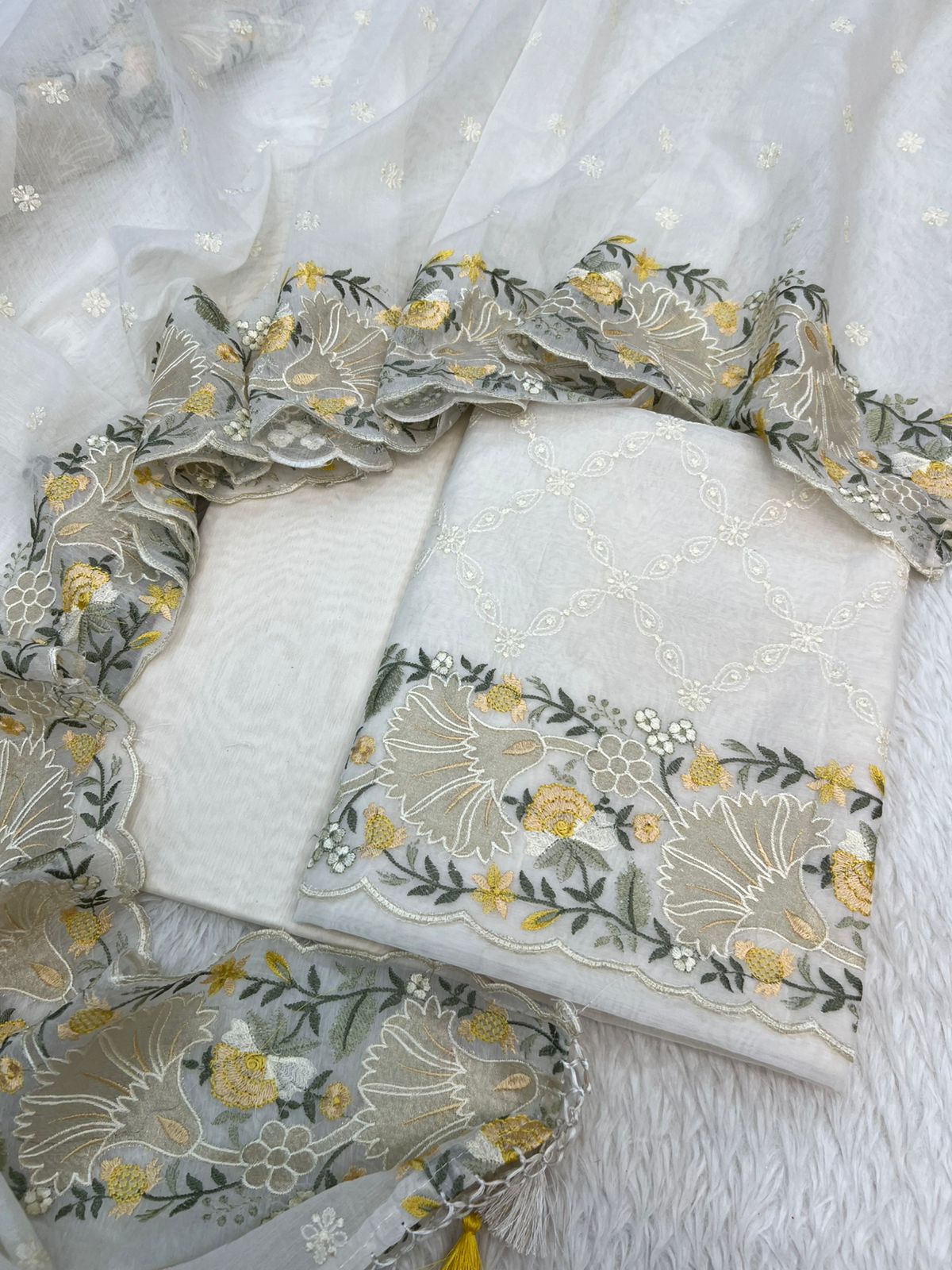 Pure Mal Chanderi Floral Tissue Applique Embroidery Suits