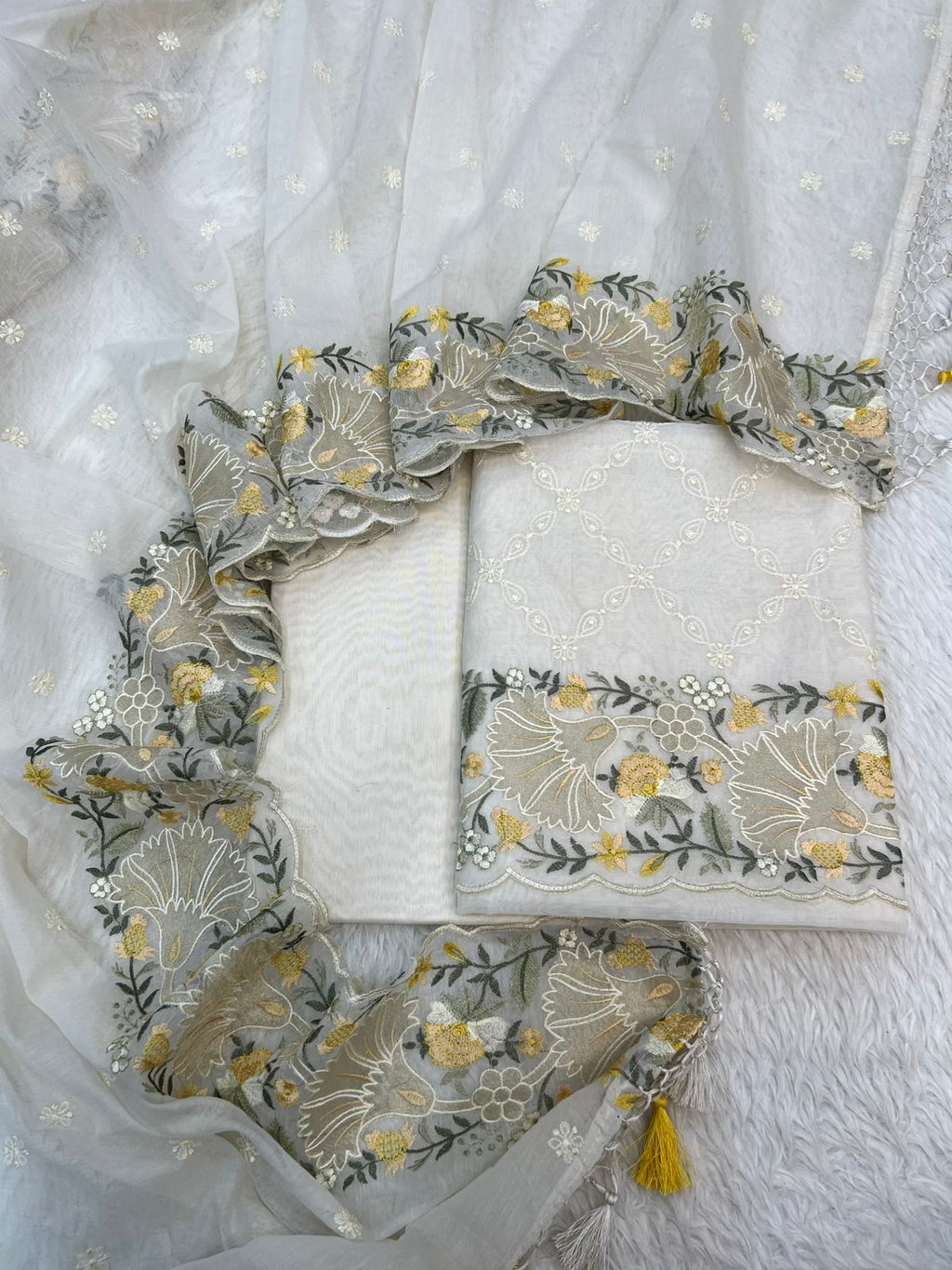 Pure Mal Chanderi Floral Tissue Applique Embroidery Suits