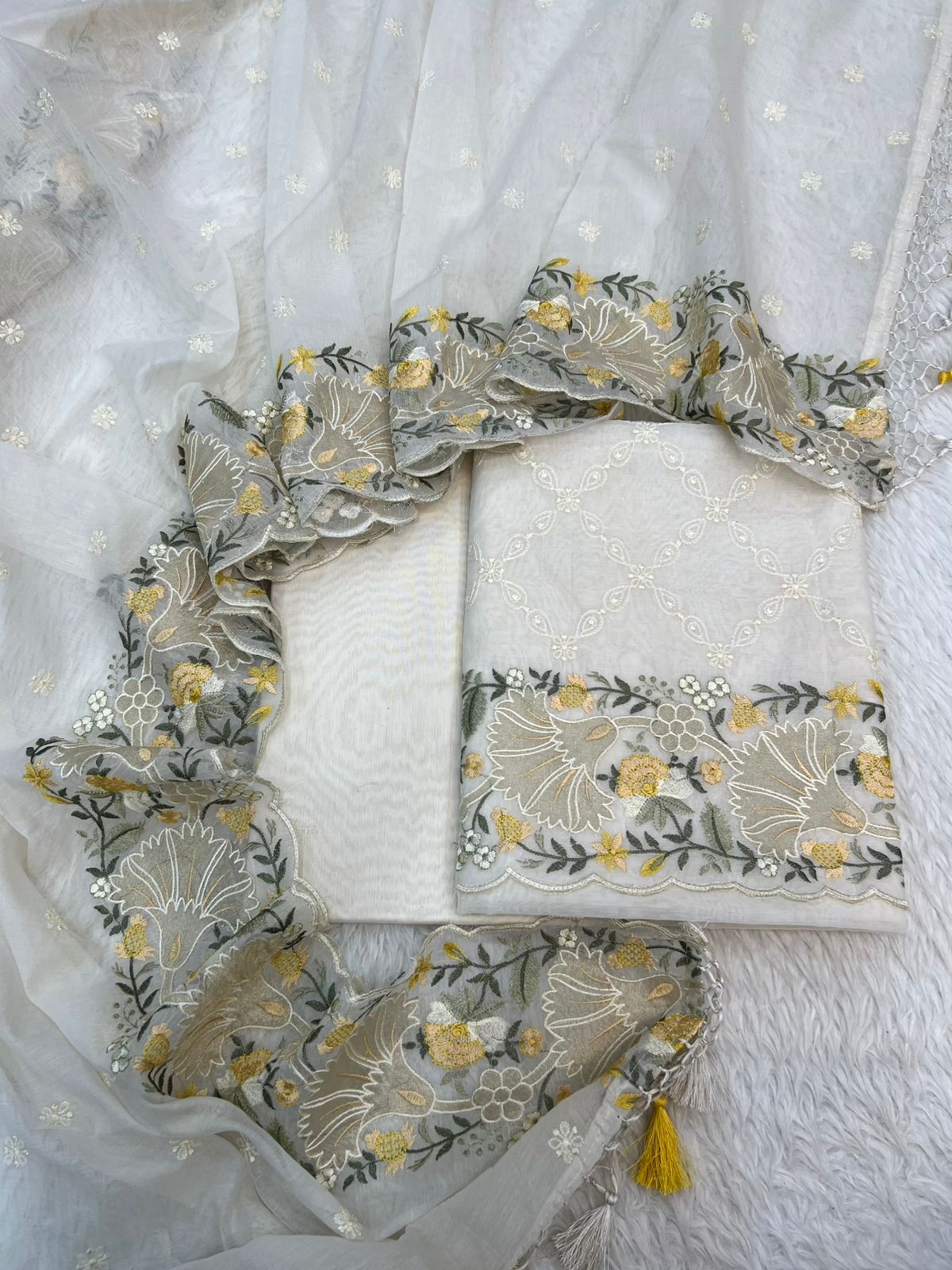 Pure Mal Chanderi Floral Tissue Applique Embroidery Suits