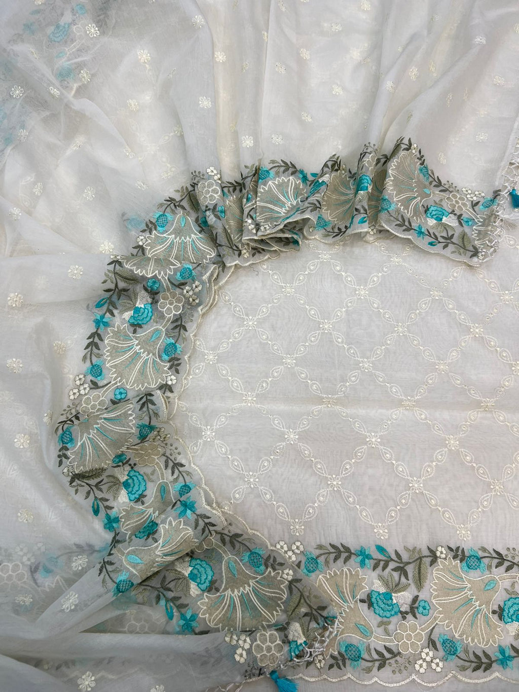 Pure Mal Chanderi Floral Tissue Applique Embroidery Suits