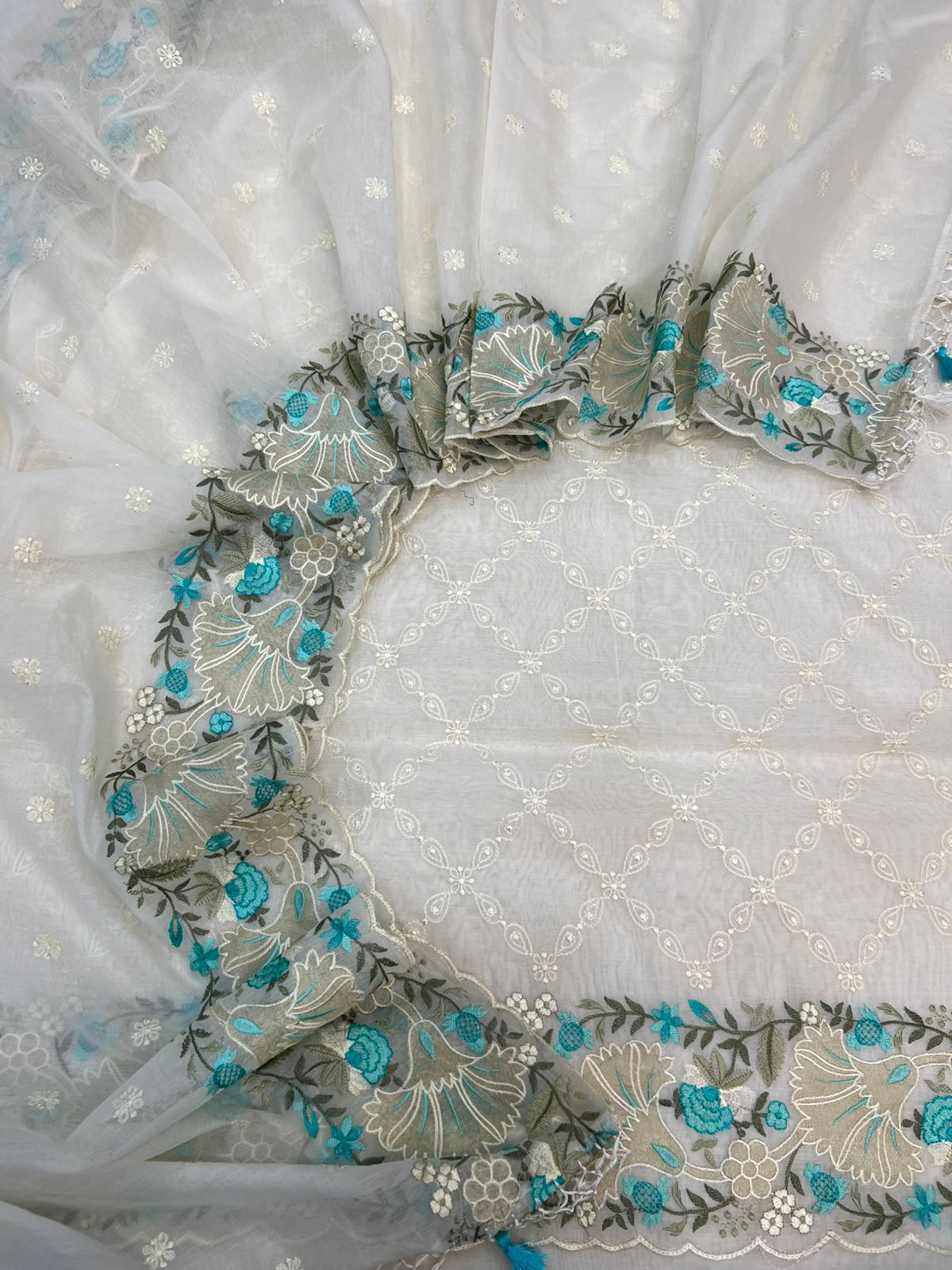 Pure Mal Chanderi Floral Tissue Applique Embroidery Suits