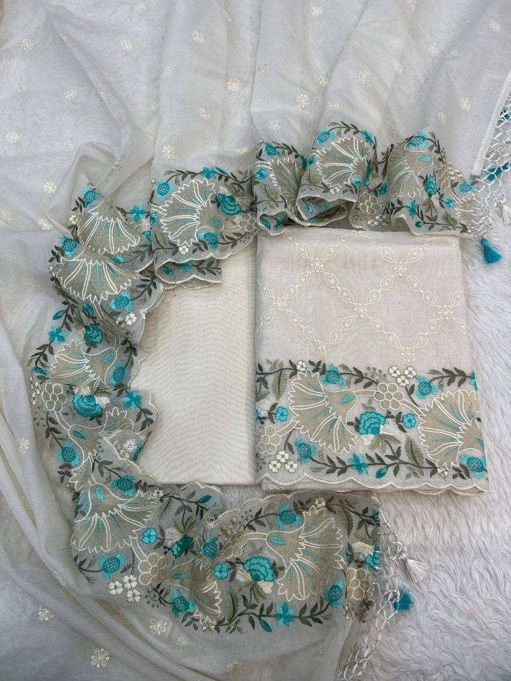 Pure Mal Chanderi Floral Tissue Applique Embroidery Suits
