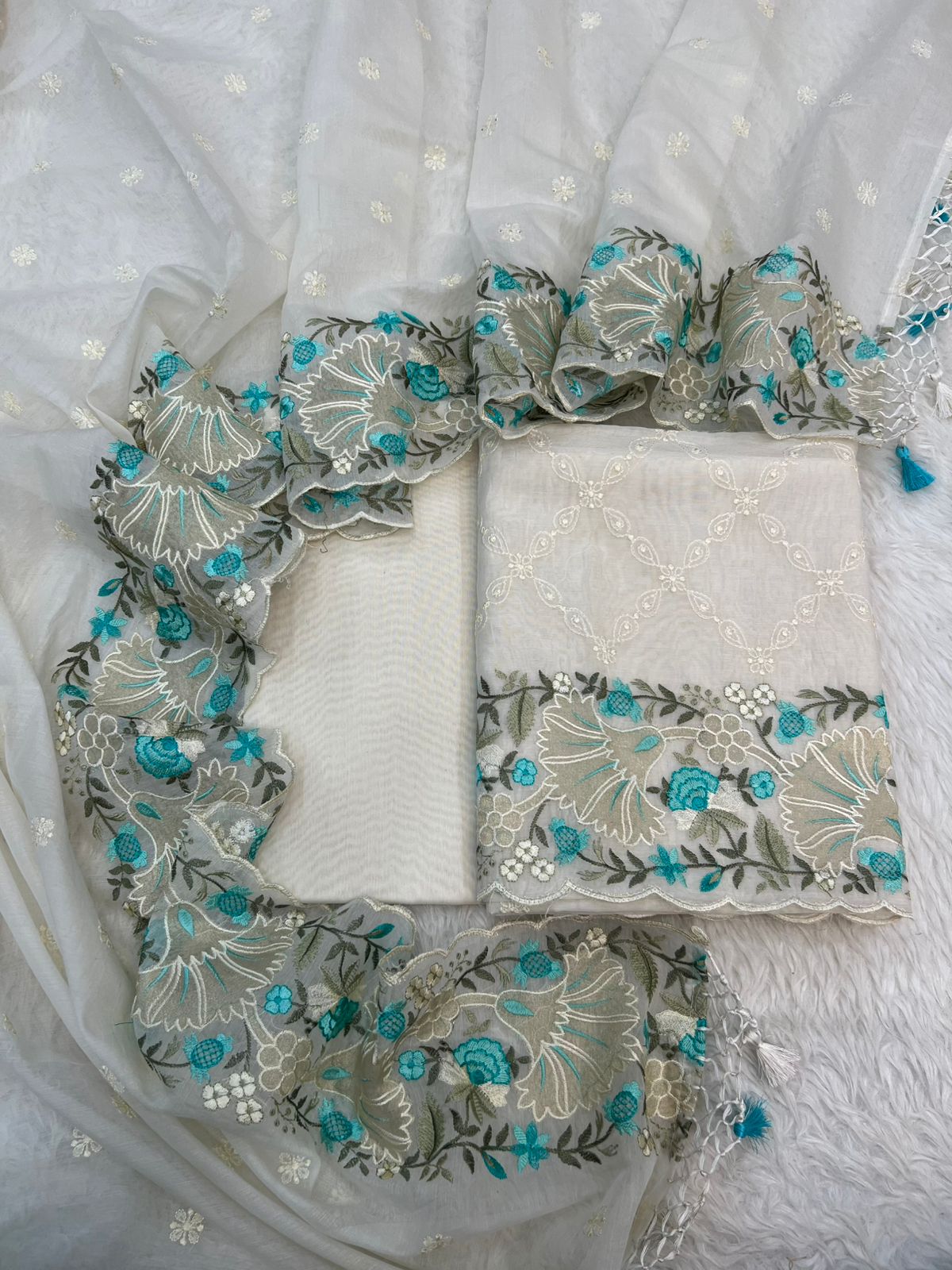 Pure Mal Chanderi Floral Tissue Applique Embroidery Suits