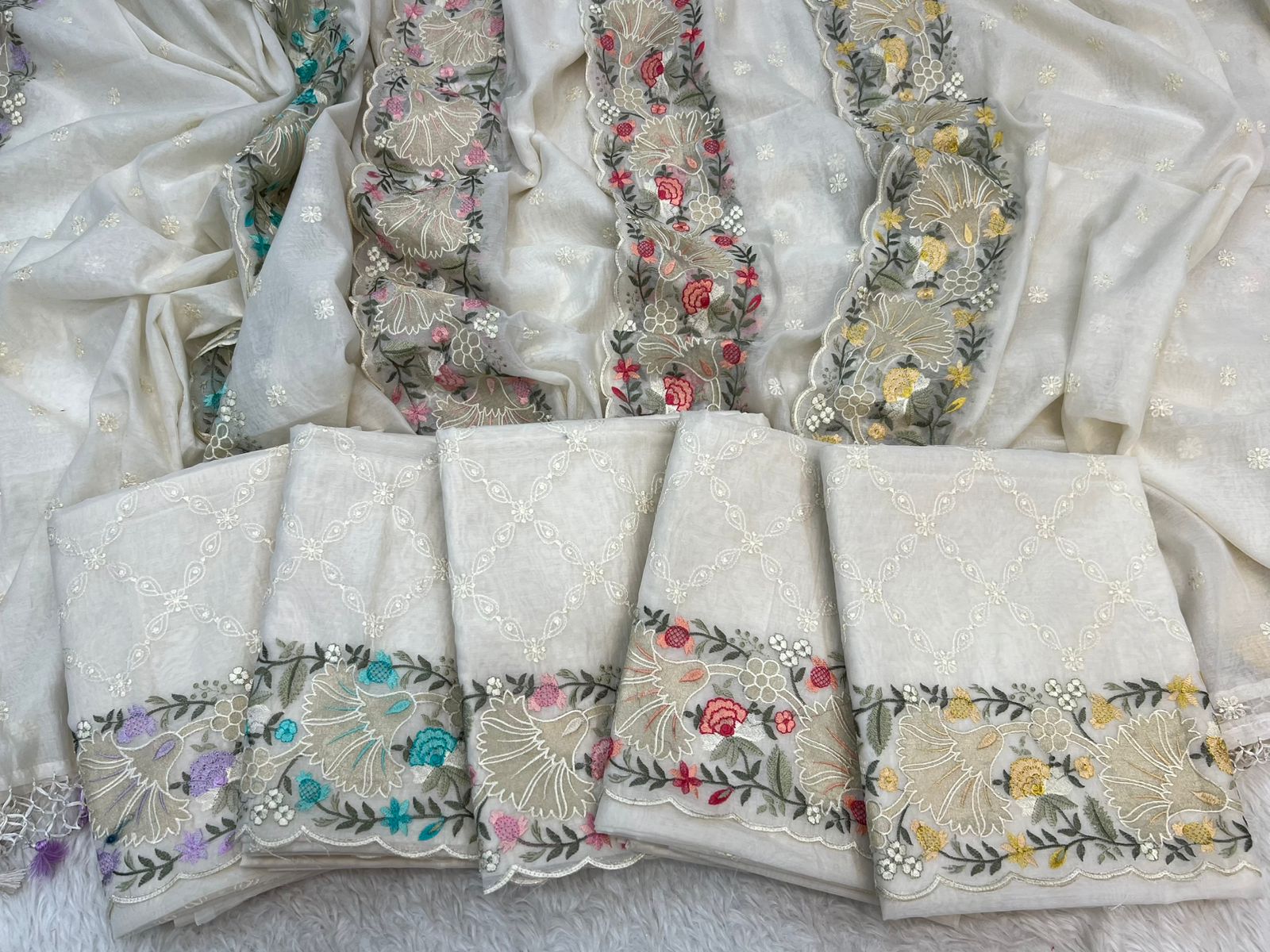 Pure Mal Chanderi Floral Tissue Applique Embroidery Suits