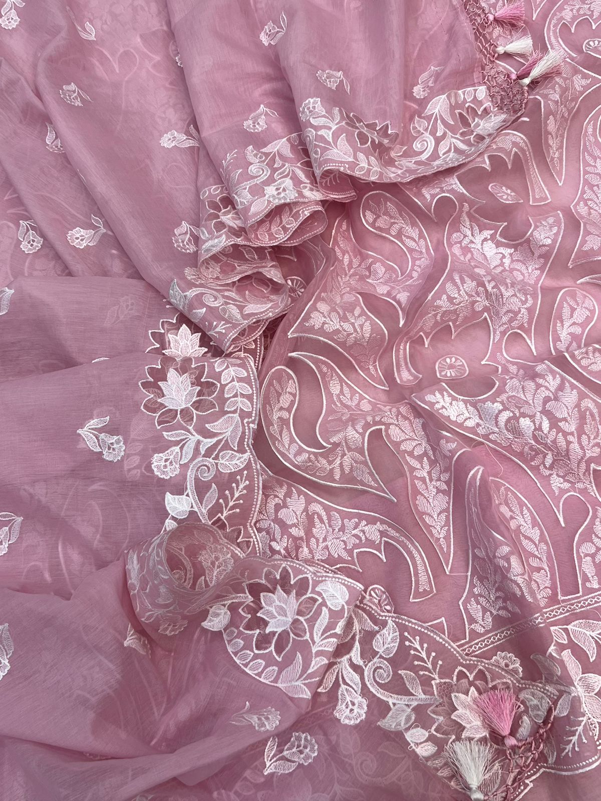 Pure Mal Chanderi Embroidery With Organza Applique Cutwork Suits