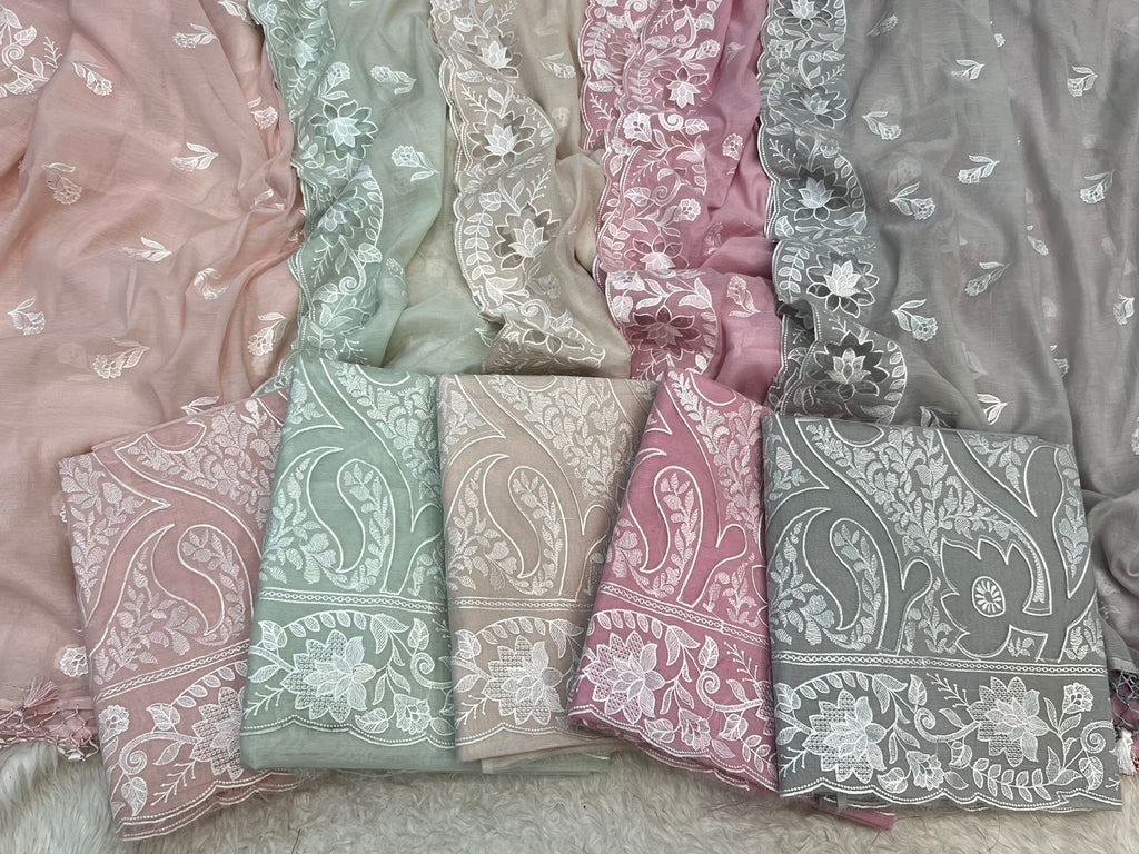 Pure Mal Chanderi Embroidery With Organza Applique Cutwork Suits