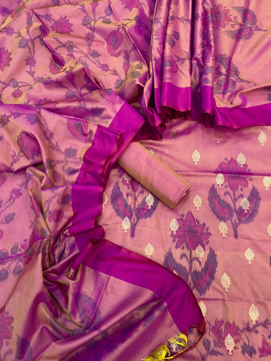 Banarasi Katan Silk Dhoop Chaon Design Printed Suits
