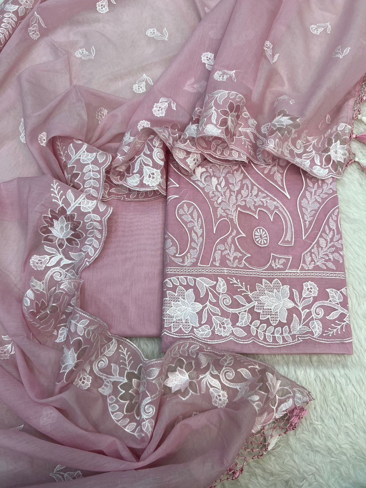 Pure Mal Chanderi Embroidery With Organza Applique Cutwork Suits