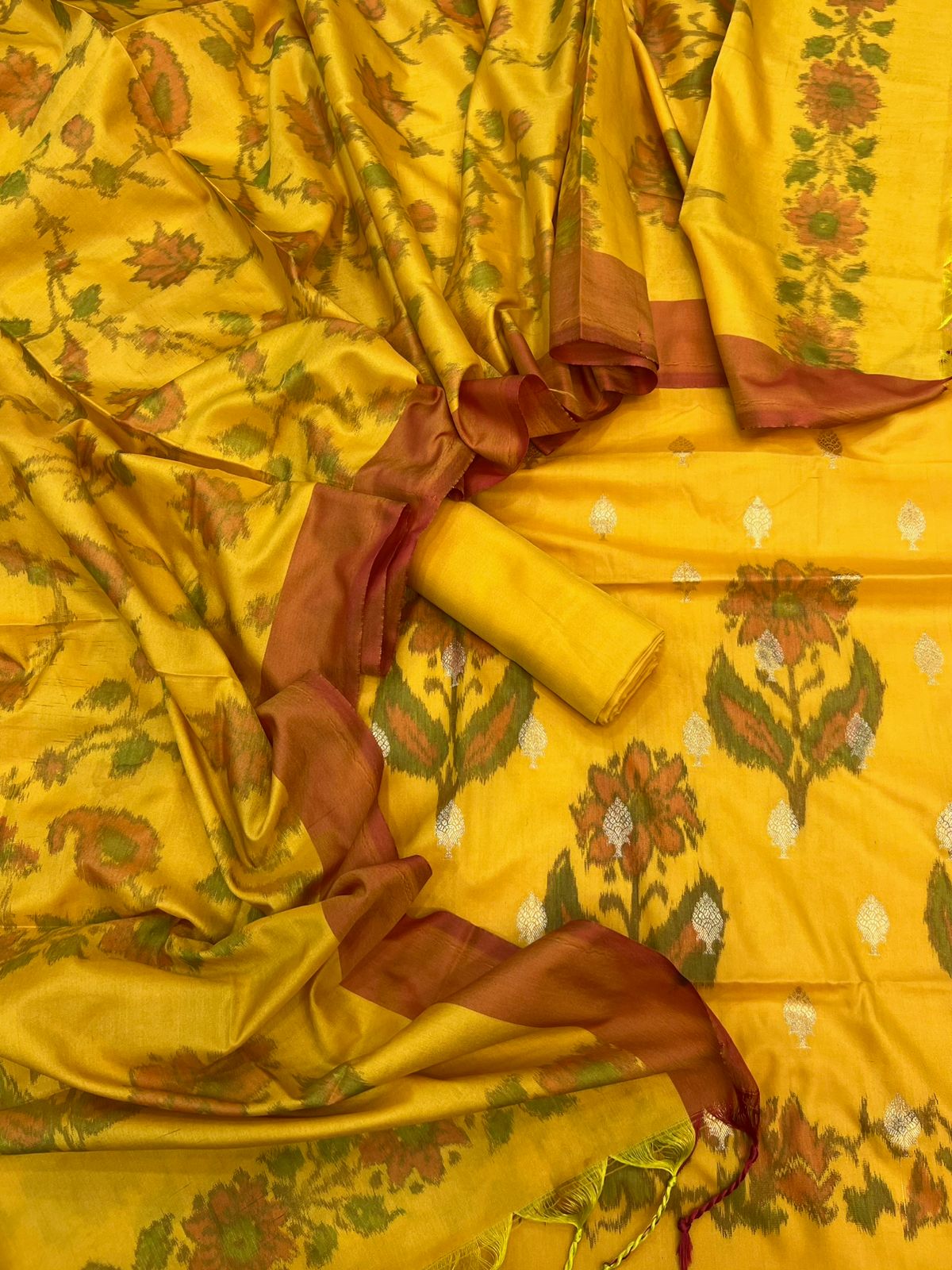 Banarasi Katan Silk Dhoop Chaon Design Printed Suits