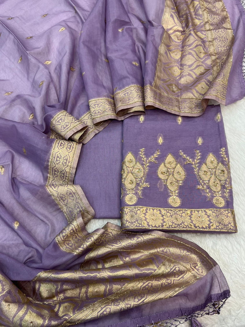 Pure Mal Chanderi Zari Weaved With Katdana Work Suits