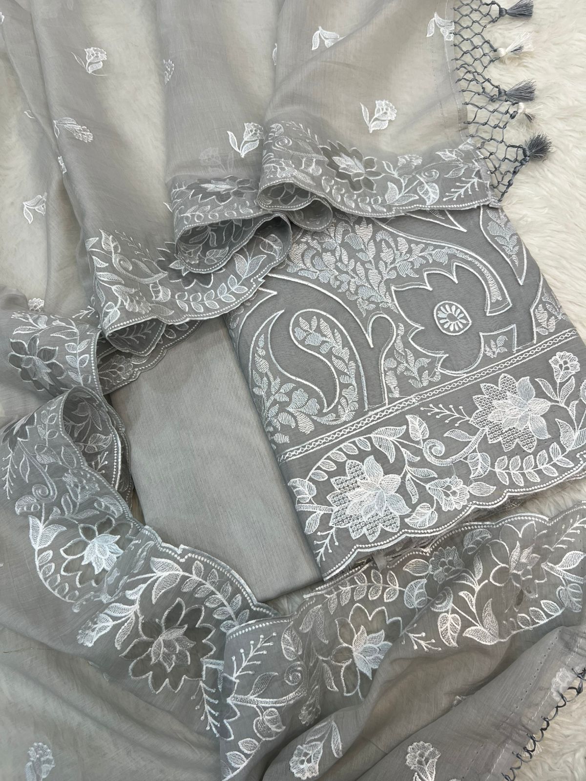Pure Mal Chanderi Embroidery With Organza Applique Cutwork Suits