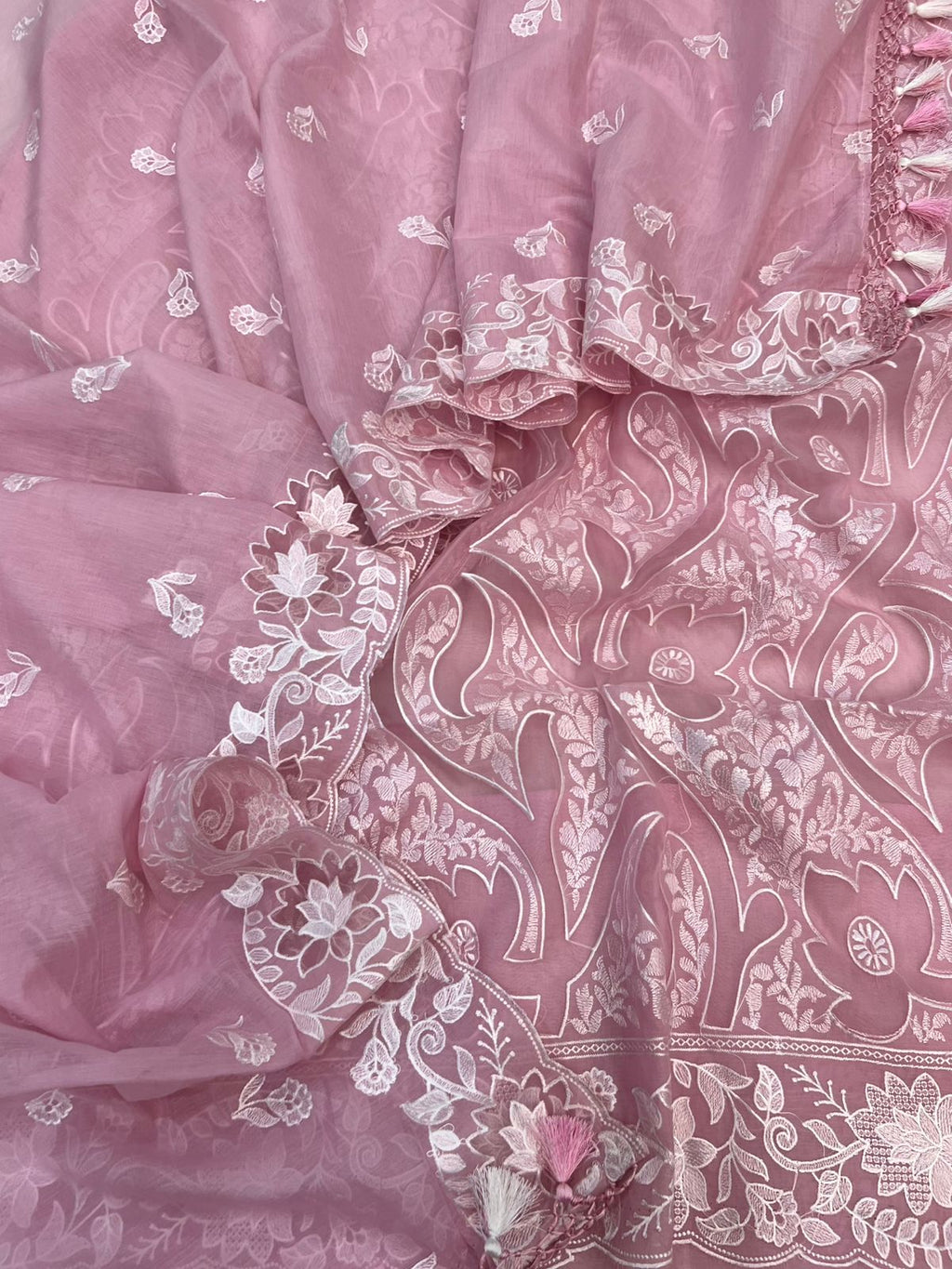 Pure Mal Chanderi Embroidery With Organza Applique Cutwork Suits