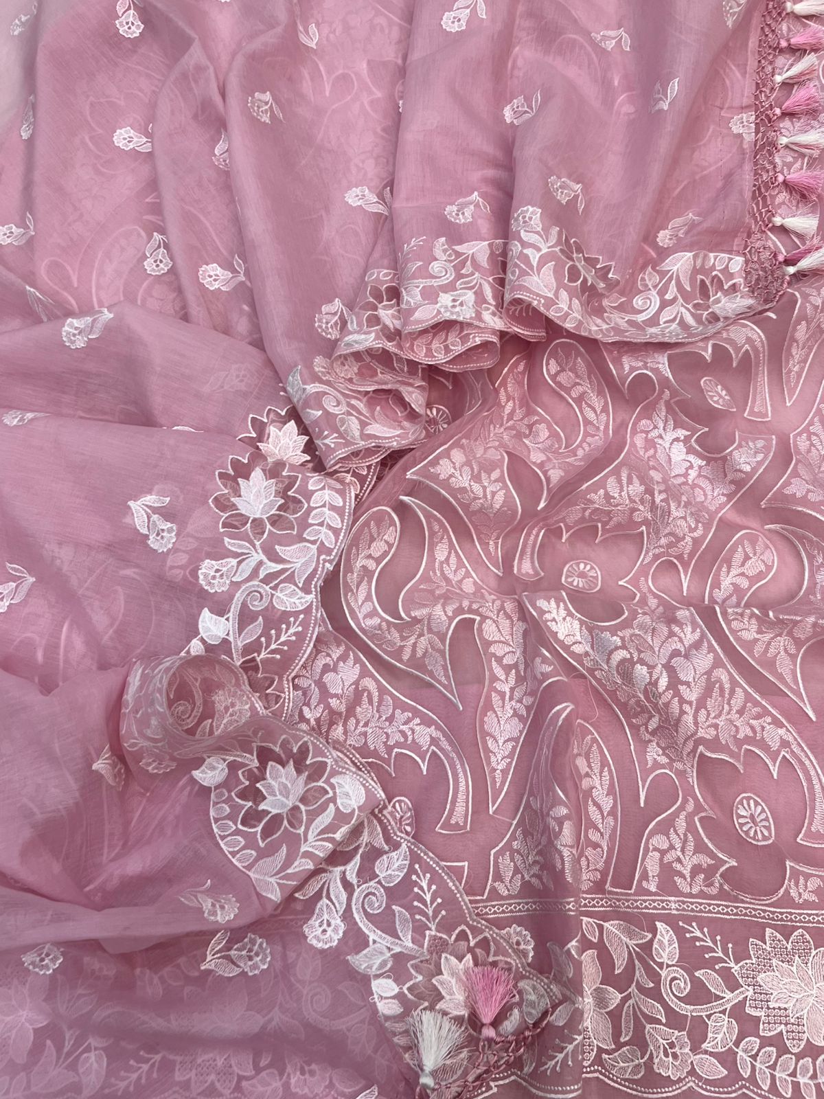 Pure Mal Chanderi Embroidery With Organza Applique Cutwork Suits